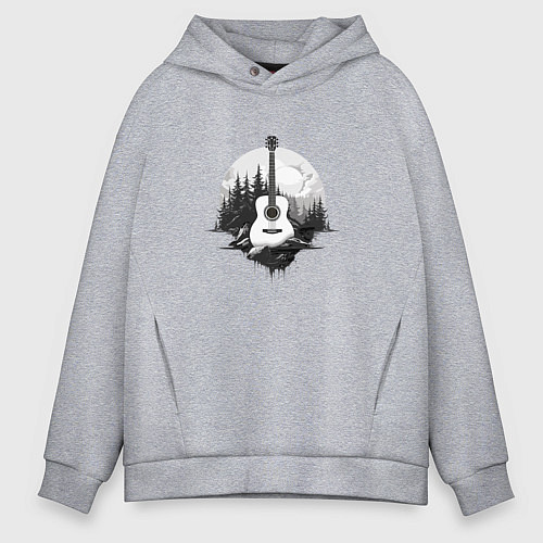 Мужское худи оверсайз Гитара на фоне природы и гор / Меланж – фото 1