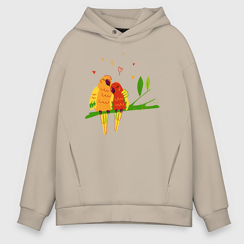 Мужское худи оверсайз Пара влюбленных попугаев на ветке / Миндальный – фото 1