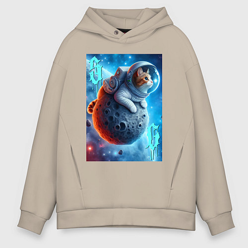 Мужское худи оверсайз Space cat - ai art / Миндальный – фото 1