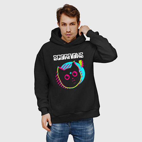 Мужское худи оверсайз Scorpions rock star cat / Черный – фото 3