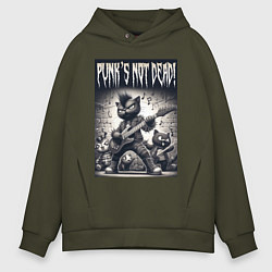 Толстовка оверсайз мужская Black kitten - punks not dead, цвет: хаки