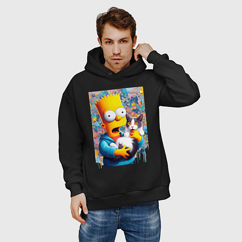 Мужское худи оверсайз Bart Simpson with a kitten - ai art / Черный – фото 3