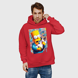 Толстовка оверсайз мужская Bart Simpson with a kitten - ai art, цвет: красный — фото 2