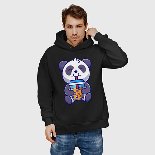 Мужское худи оверсайз Drinking panda / Черный – фото 3