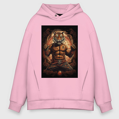 Мужское худи оверсайз Тайский бокс тигр в стойке / Светло-розовый – фото 1