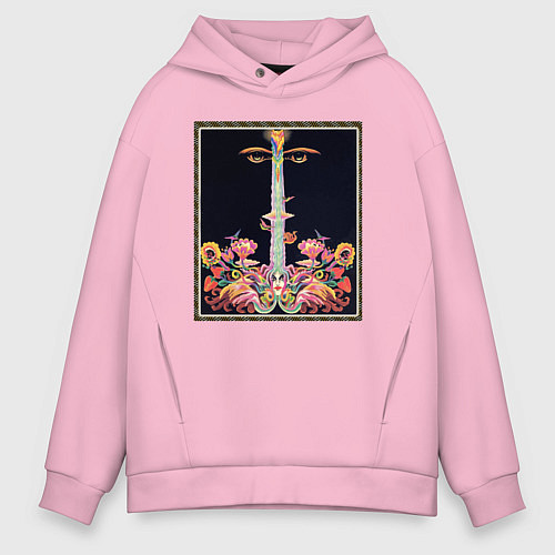 Мужское худи оверсайз Абстракные лица, цветы и ноты / Светло-розовый – фото 1