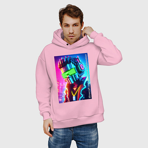 Мужское худи оверсайз Minecraft and cyberpunk - collaboration ai art / Светло-розовый – фото 3
