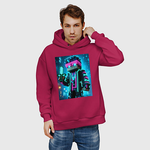 Мужское худи оверсайз Minecraft - neon character ai art / Маджента – фото 3