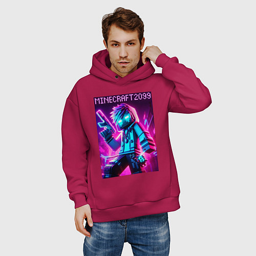 Мужское худи оверсайз Neon Minecraft - ai art / Маджента – фото 3