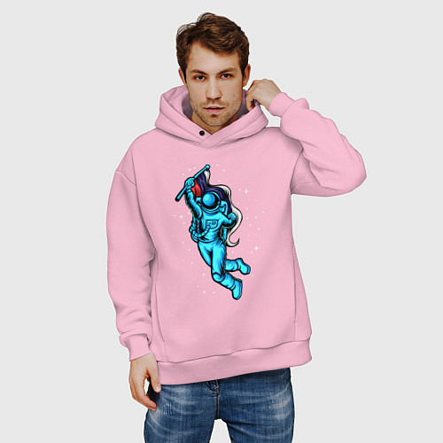 Мужское худи оверсайз Космонавт с флагом в руке / Светло-розовый – фото 3