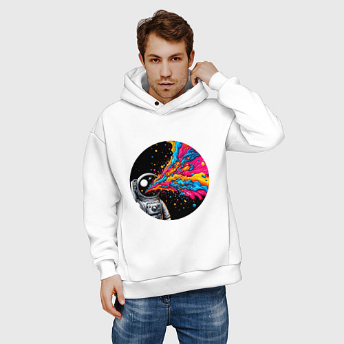 Мужское худи оверсайз Космонавт с разноцветными брызгами / Белый – фото 3