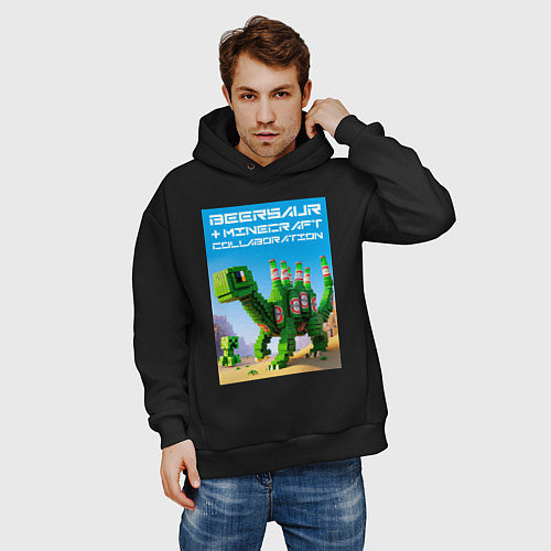 Мужское худи оверсайз Beersaur and Minecraft - collaboration ai art / Черный – фото 3