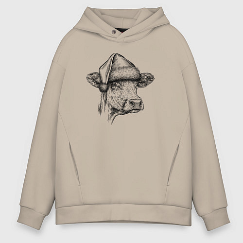 Мужское худи оверсайз Новогодняя Буренка / Миндальный – фото 1