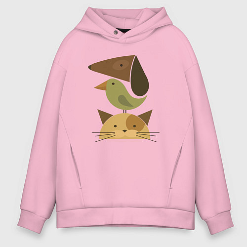 Мужское худи оверсайз Собака птица кошка / Светло-розовый – фото 1