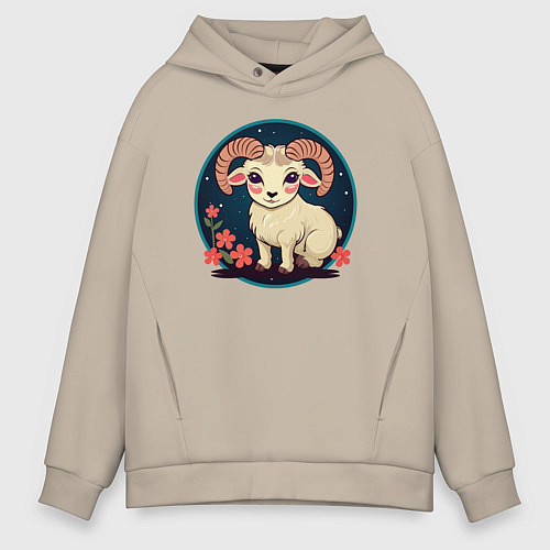 Мужское худи оверсайз Барашек знак зодиака Овен на фоне цветов / Миндальный – фото 1