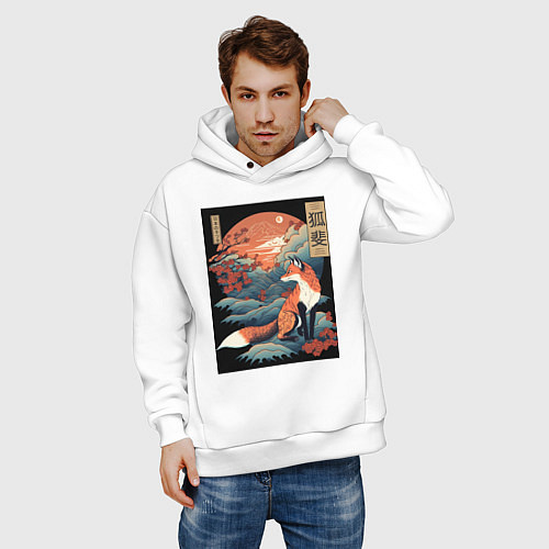 Мужское худи оверсайз Лиса в японском стиле / Белый – фото 3