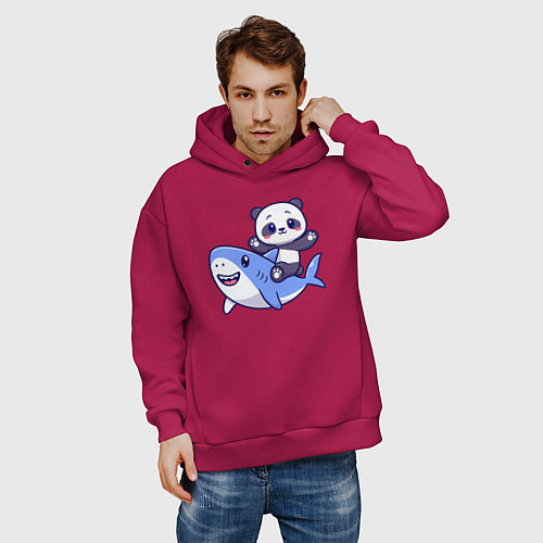 Мужское худи оверсайз Панда и акула / Маджента – фото 3