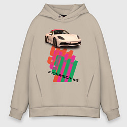 Толстовка оверсайз мужская Спортивный автомобиль Porsche 911 Turbo, цвет: миндальный