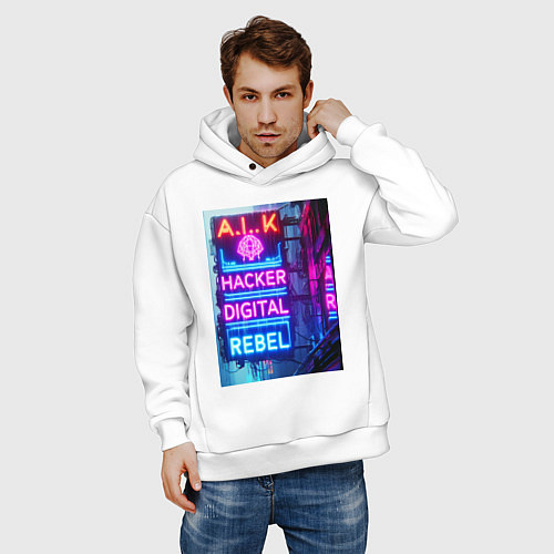 Мужское худи оверсайз Ai hacker digital rebel - neon glow / Белый – фото 3