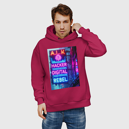 Мужское худи оверсайз Ai hacker digital rebel - neon glow / Маджента – фото 3