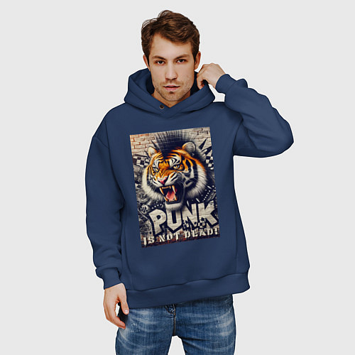 Мужское худи оверсайз Cool tiger - punks not dead / Тёмно-синий – фото 3