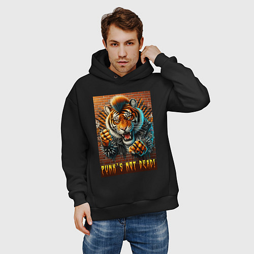 Мужское худи оверсайз Punks not dead - motto tiger / Черный – фото 3