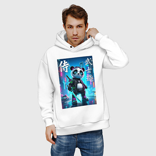 Мужское худи оверсайз Panda samurai - bushido ai art / Белый – фото 3