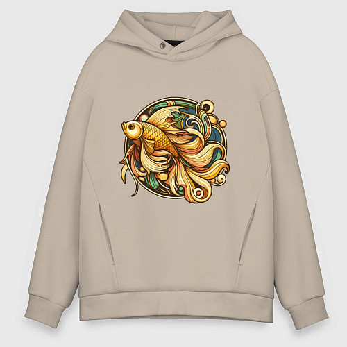 Мужское худи оверсайз Золотая рыбка исполняет желания / Миндальный – фото 1