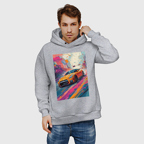 Мужское худи оверсайз Nissan GT-R дрифт в городе / Меланж – фото 3
