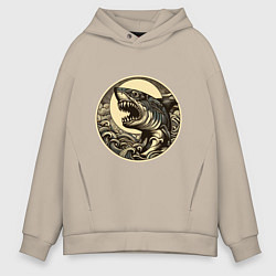 Толстовка оверсайз мужская Кайдзю с ужасной головой акулы, цвет: миндальный