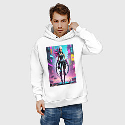 Толстовка оверсайз мужская Кибер чувиха на своём районе - нейросеть, цвет: белый — фото 2