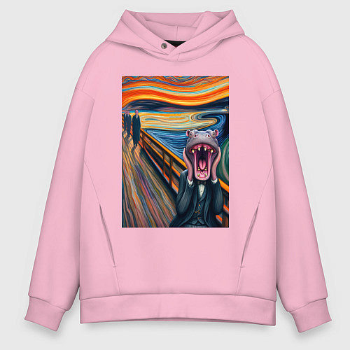 Мужское худи оверсайз Бегемот кричит - мем живопись от нейросети / Светло-розовый – фото 1