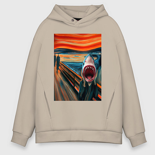Мужское худи оверсайз Акула кричит - мем нейросеть / Миндальный – фото 1