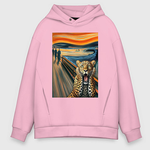 Мужское худи оверсайз Леопард кричит - мем картина от нейросети / Светло-розовый – фото 1
