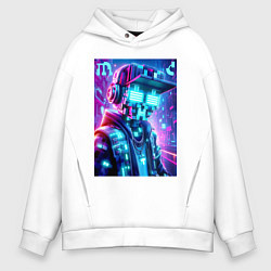 Толстовка оверсайз мужская Minecraft and Cyberpunk collaboration - ai art neo, цвет: белый