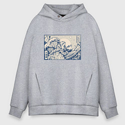 Толстовка оверсайз мужская Лягушка на волнах Канагавы, цвет: меланж