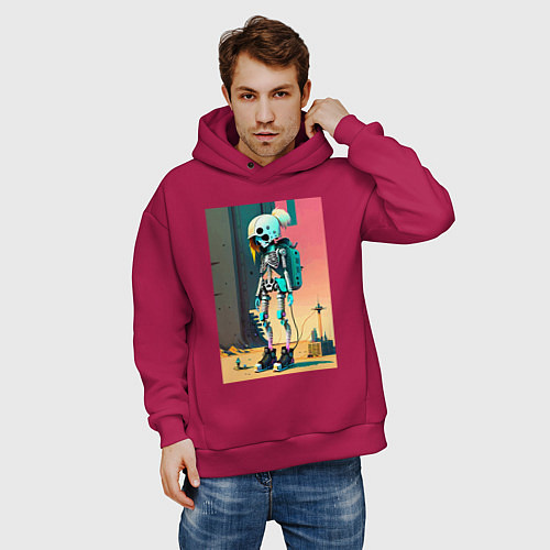 Мужское худи оверсайз Cyber skeleton from future - ai art fantasy / Маджента – фото 3