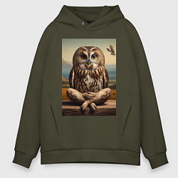 Толстовка оверсайз мужская Прикольная сказочная сова - нейросеть, цвет: хаки