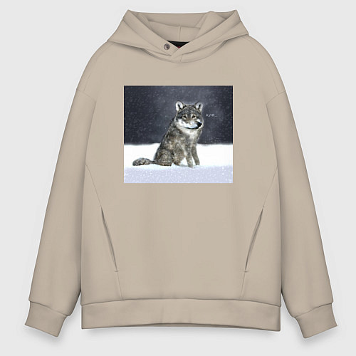 Мужское худи оверсайз Волк ауффф мем / Миндальный – фото 1