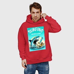 Толстовка оверсайз мужская Surfing never alone - shark and surfer, цвет: красный — фото 2