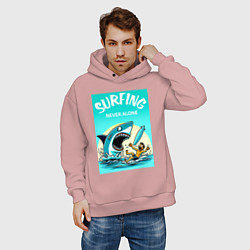 Толстовка оверсайз мужская Surfing never alone - shark and surfer, цвет: пыльно-розовый — фото 2