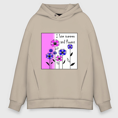 Мужское худи оверсайз Люблю лето и цветы яркий розовый / Миндальный – фото 1