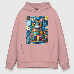 Толстовка оверсайз мужская Прикольный котик - пэчворк, цвет: пыльно-розовый
