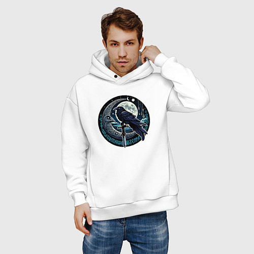 Мужское худи оверсайз Полнолуние ворон с мечом / Белый – фото 3