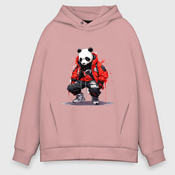 Толстовка оверсайз мужская Модная панда в красной куртке, цвет: пыльно-розовый