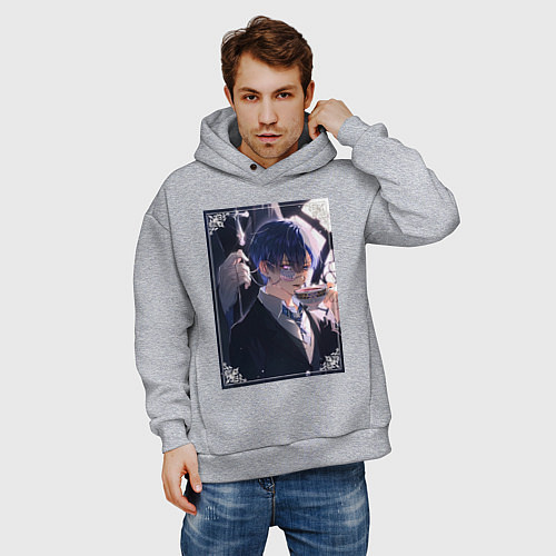 Мужское худи оверсайз Тёмный дворецкий Сиэль Фантомхайв пьет чай / Меланж – фото 3