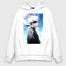 Толстовка оверсайз мужская Магическая битва Сатору Годзё в повязке, цвет: белый