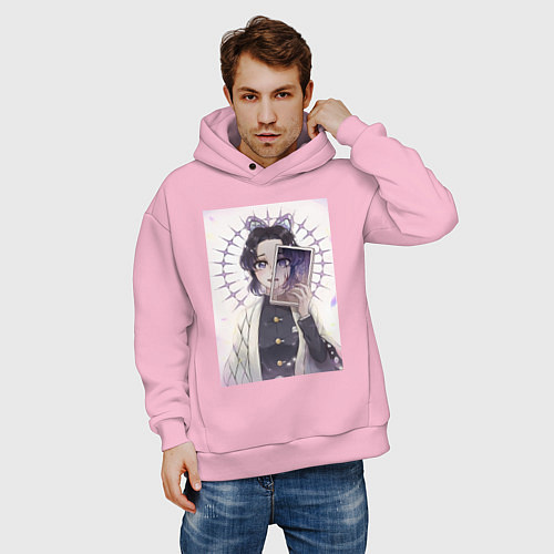Мужское худи оверсайз Клинок, рассекающий демонов Синобу Котё / Светло-розовый – фото 3