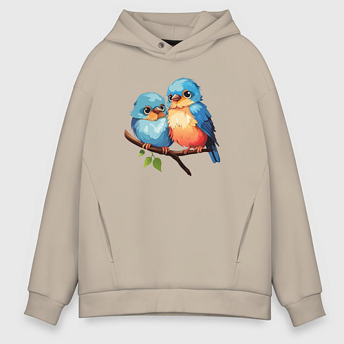 Мужское худи оверсайз Разговор двух птичек / Миндальный – фото 1