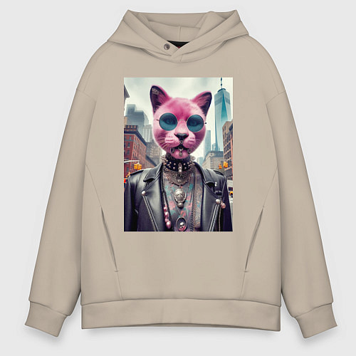 Мужское худи оверсайз Модная кошечка из Нью-Йорка / Миндальный – фото 1